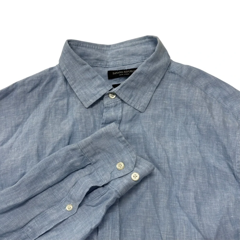 Banana Republic Mens 100% Linen Button Up Shirt Large Blue Slim Fit Long Sleeve